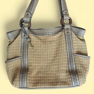 Vintage Fossil Retro Striped Tweed, Canvas, and Leather Shoulder Bag